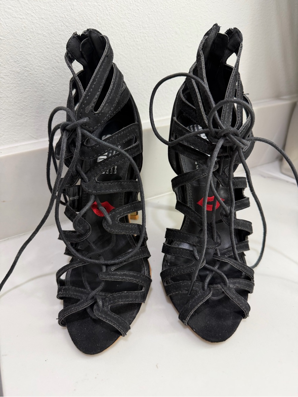 Black Lace-Up Strappy Heels for Women
